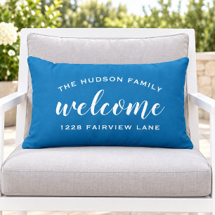 Blaues Schriftzug-Willkommens-Monogramm-Veranda Kissen Für Draußen