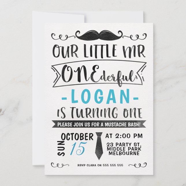 Blaues Schwarz-Herr ONE-derful Birthday Invitation Einladung (Vorderseite)