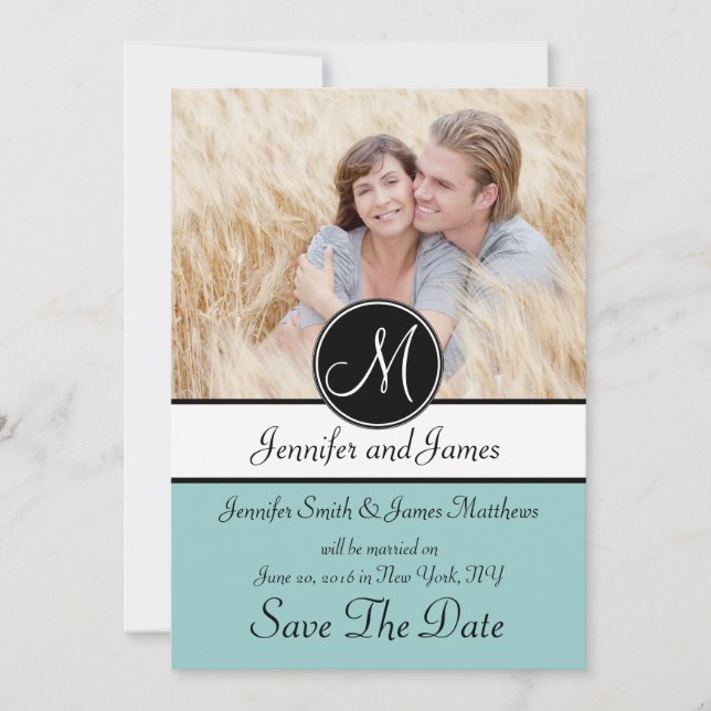 Blaues Schwarz-Monogramm-Foto-Save the Date Karte (Vorderseite)
