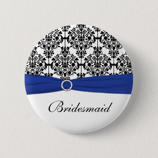 Blaues Schwarz-weißes Damast-Brautjungfern-Button Button (Vorderseite)