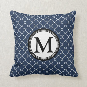 Blaues Schwarzes Quatrefoil Monogramm-dekoratives Kissen