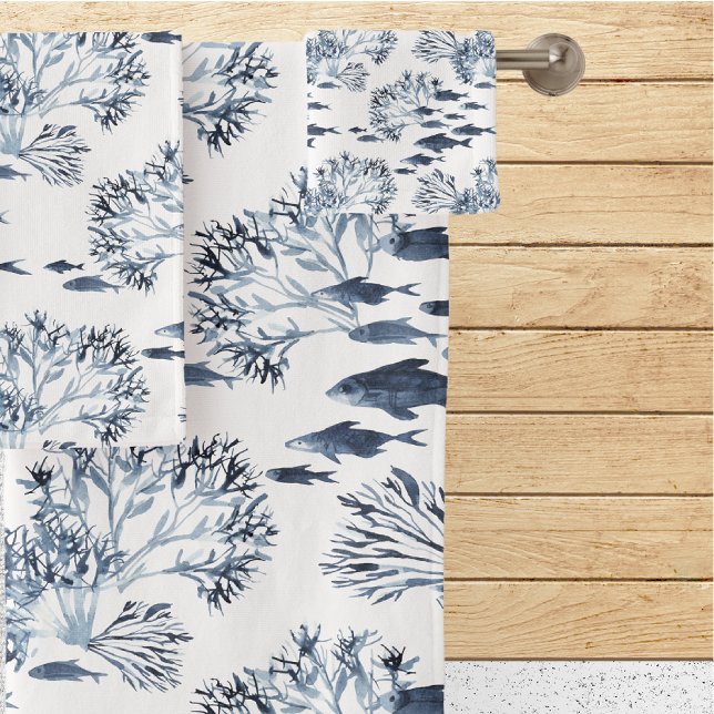 Blaues Seefisch und Korallenmuster Badhandtuch Set (Von Creator hochgeladen)