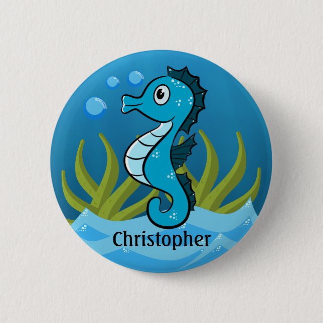 Blaues Seepferdchen Personalisiert  Button (Vorderseite)