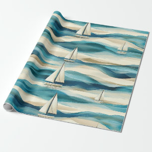 Blaues Segelboot im maritimen Küstenstil Vintage Geschenkpapier