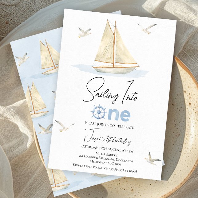 Blaues Segelboot segeln zum 1. Geburtstag Einladung (Sailing Into 1st Birthday Invite Boy Nautical Sailing Boat Party Invitation Printable Light Blue )