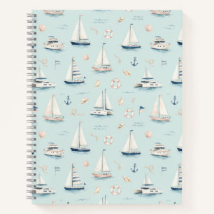 Blaues Segelboot Wasserfarbe Nautisches Muster Notizbuch