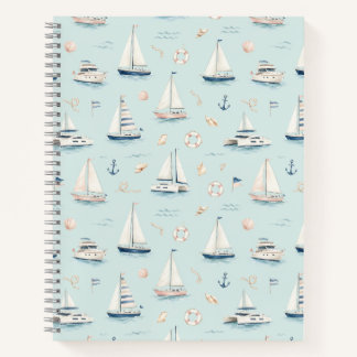 Blaues Segelboot Wasserfarbe Nautisches Muster Notizbuch