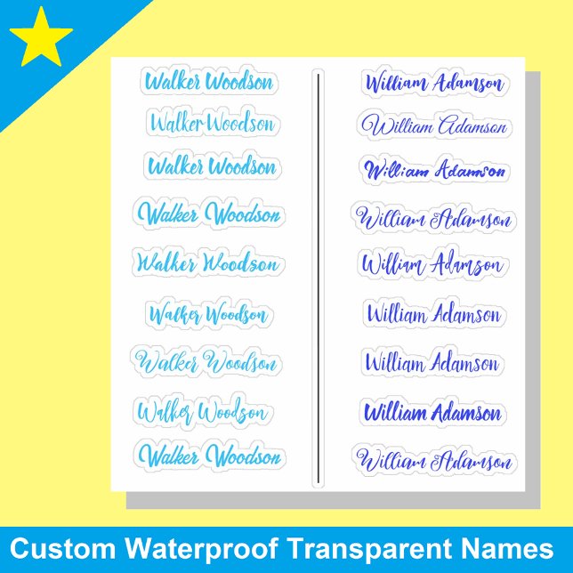 (Blaues Set von 18) Transparente einfache Namensau Aufkleber (Removable name stickers for boys)