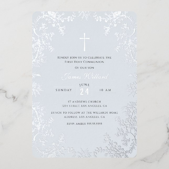 Blaues Silberkreuz Vintage Erste Kommune Folieneinladung (Vorderseite)
