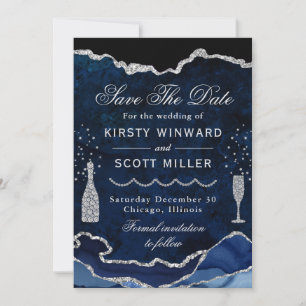 Blaues & Silbernes Faux Glitter-Marmor-Achat-Hochz Save The Date