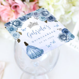 Blaues Silbernes Florales Quinceañera-Party Rechteckiger Pappuntersetzer