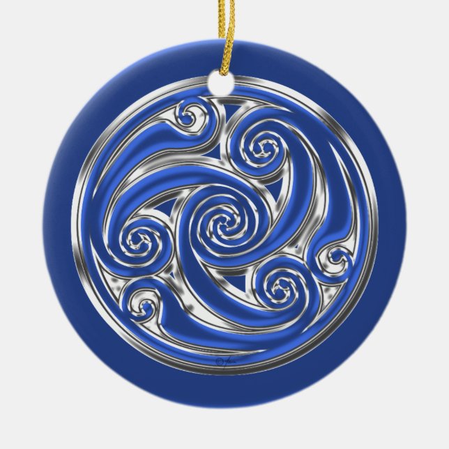 Blaues silbernes Triskel Keramik Ornament (Vorne)
