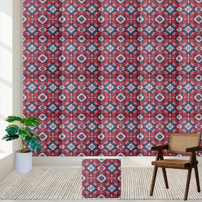 Blaues Skandinavier Blumenmuster Fliese (Red Blue White Scandinavian Floral Tile Pattern)
