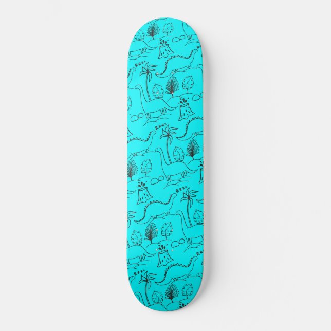 Blaues Skateboard mit Dinosauriern. (Vorderseite)