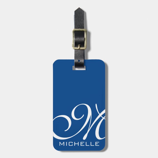 Blaues Skript Mit Monogramm Gepäckanhänger (Vorderseite vertikal)