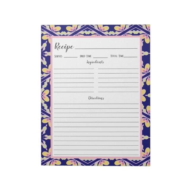 Blaues Spanisches Mittelmeer Zeltmuster Rezept Notizblock (Rotiert)