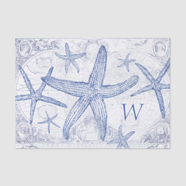 Blaues Starfish-Küstenmuster-mit Monogramm Seidenpapier (Vorderseite)