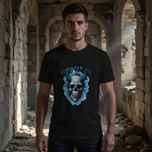 Blaues T-Shirt mit gehörntem Totenkopf und "Erobre (Von Creator hochgeladen)