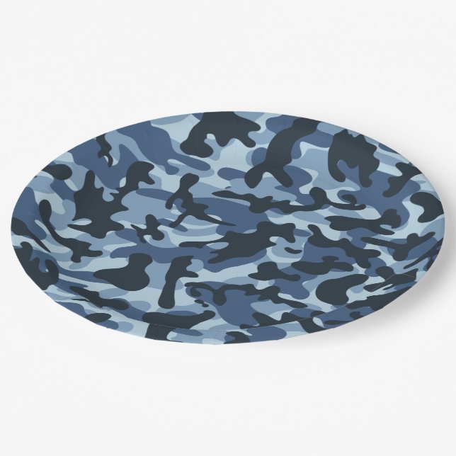 Blaues Tarnmuster   Pappteller (Schrägansicht)