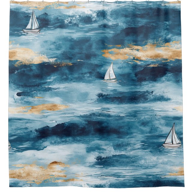 Blaues Teal-Segelboot Küstenwellenmuster Duschvorhang (Vorderseite)