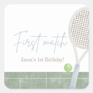 Blaues Tennis Erster Geburtstag Preppy Klassische  Quadratischer Aufkleber