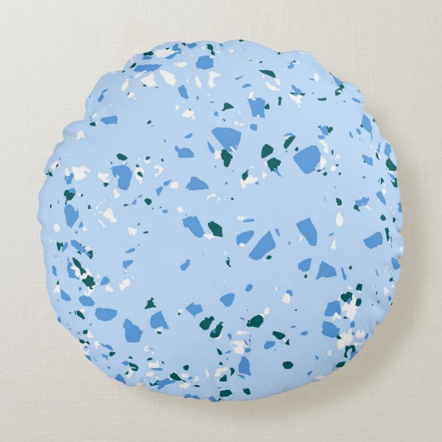 Blaues Terrazzo-Muster Rundes Kissen (Vorderseite)