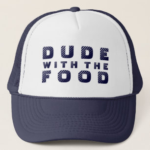 Blaues Textdesign Typ mit dem Essen Truckerkappe