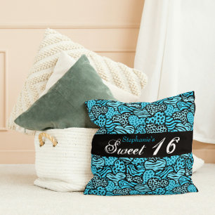 Blaues Tiermuster Herz 16 . Geburtstag Pillow Kissen