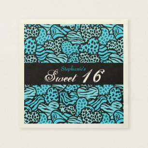 Blaues Tiermuster Herz Sweet 16 Napkin Serviette