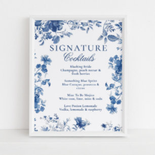Blaues Toile Chinoiserie Signature-Cocktail-Menü Poster