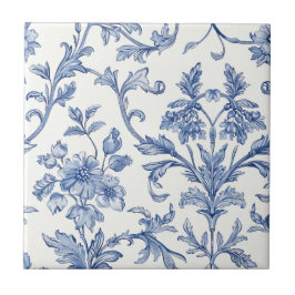 Blaues Toile-de-Jouy-Blumenmuster im französischen Fliese