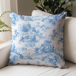 Blaues Toile de Jouy Landhäuser Muster Kissen