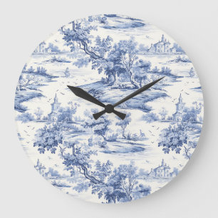 Blaues Toile de Jouy Vintage Landhausstil-Design Große Wanduhr