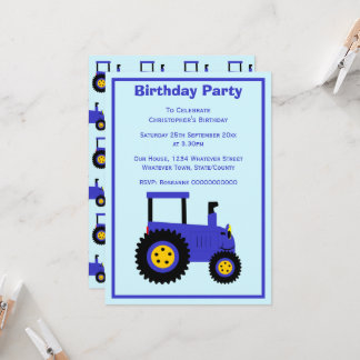 Blaues Traktor-Design Personalisierte Geburtstagsf Einladung