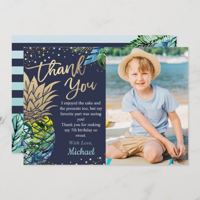Blaues tropisches Ananas Beach Party Foto Dankeskarte (Vorne/Hinten)