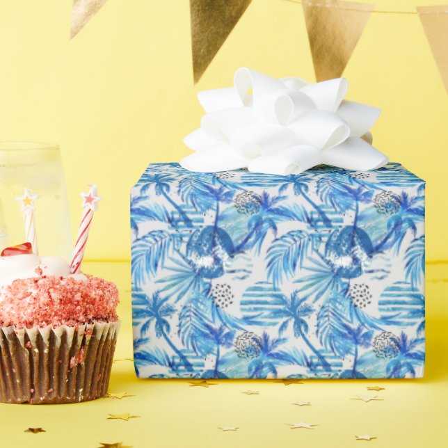 Blaues tropisches Wasserfarbmuster Geschenkpapier (Geburtstagsparty)