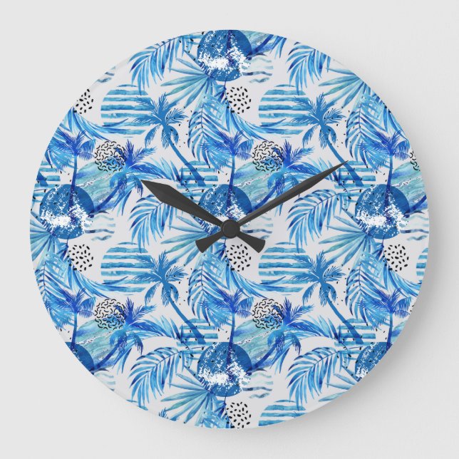 Blaues tropisches Wasserfarbmuster Große Wanduhr (Vorderseite)