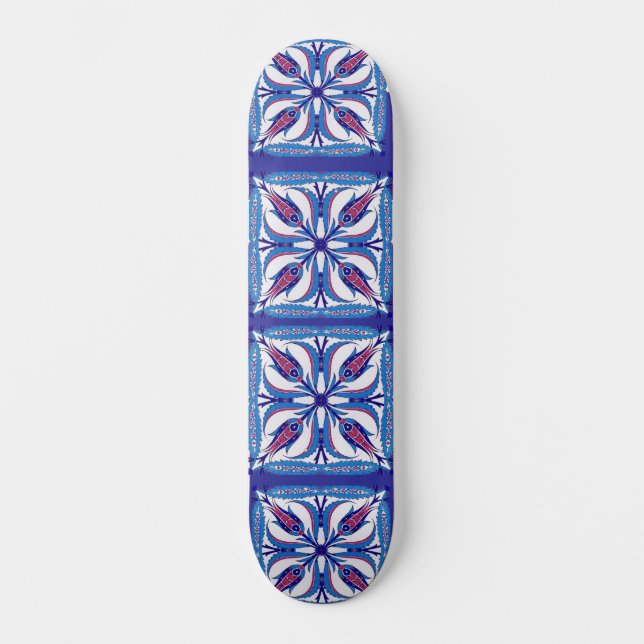 Blaues türkisches Design mit vier Tulips Skateboard (Vorderseite)