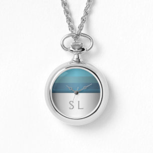 Blaues türkisfarbenes Streifenmuster   Ihr Monogra Armbanduhr