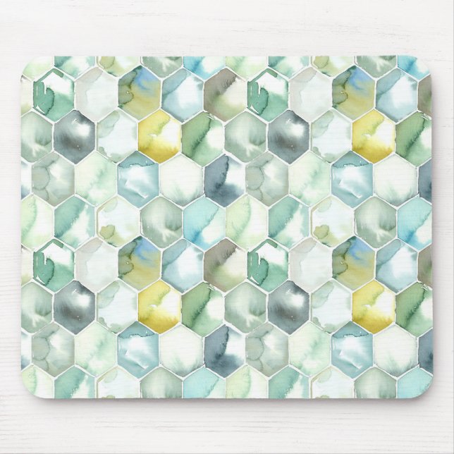 Blaues u. grünes Aquarell Honycomb Muster Mousepad (Vorne)