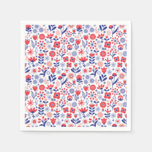 Blaues u. korallenrotes Blumenmuster Serviette