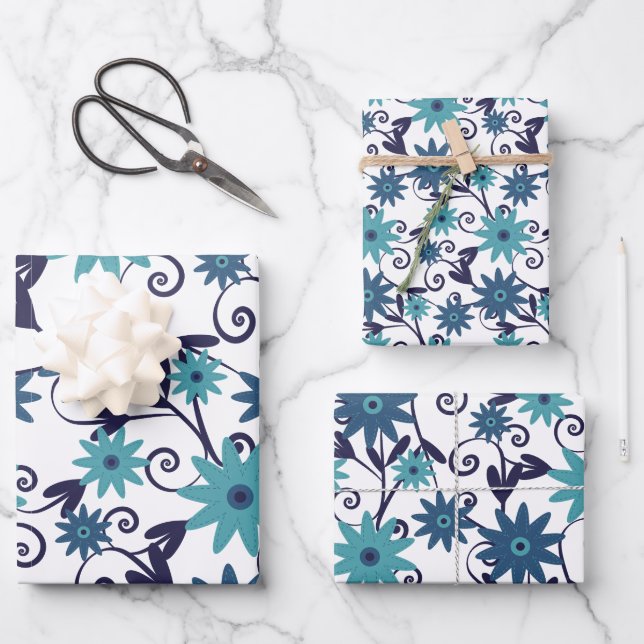 Blaues und Aquamarines Blumenmuster Geschenkpapier Set (Vorderseite)