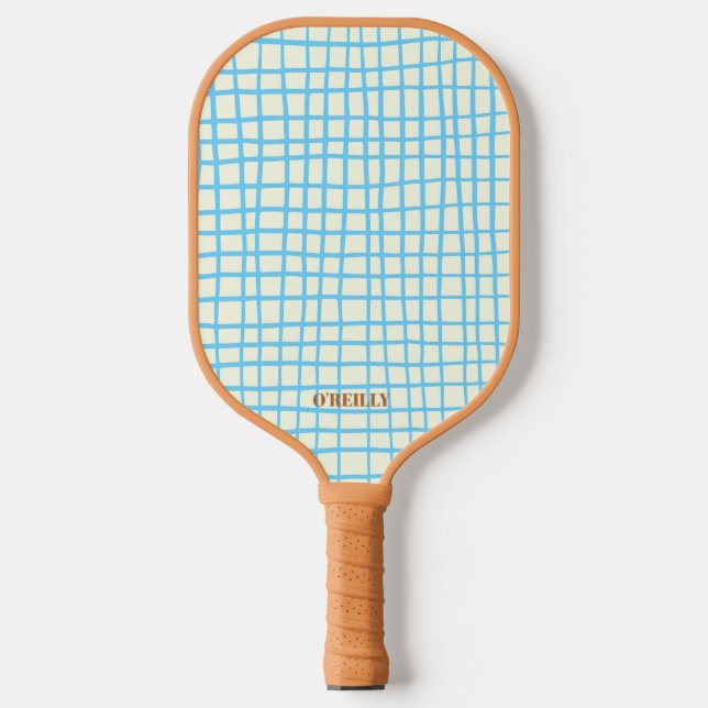 Blaues und braunes Netzmuster Modernes Monogramm Pickleball Schläger (Vorderseite)