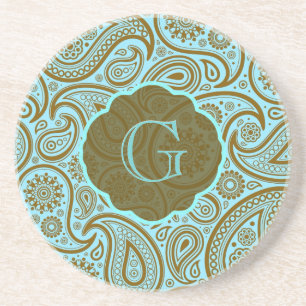 Blaues und braunes Paisley-Retro-Muster-Monogramm Sandstein Untersetzer