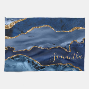 Blaues und falsches goldenes Glitter-Marmor-Achat Geschirrtuch