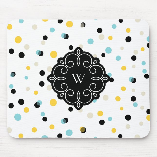 Blaues und gelbes Confetti-Punkt-Muster-Monogramm Mousepad (Vorne)