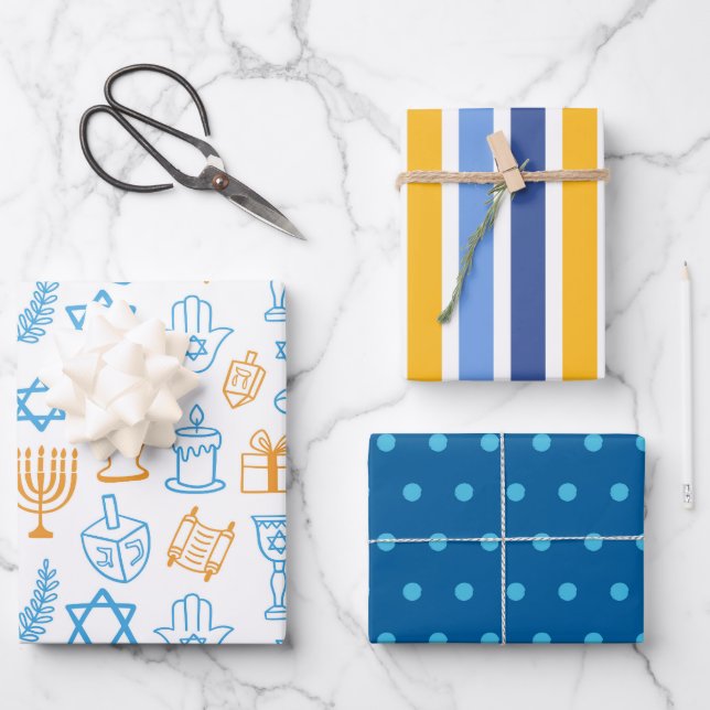 Blaues und gelbes Hanukkah-Umschlagpapier Geschenkpapier Set (Vorderseite)