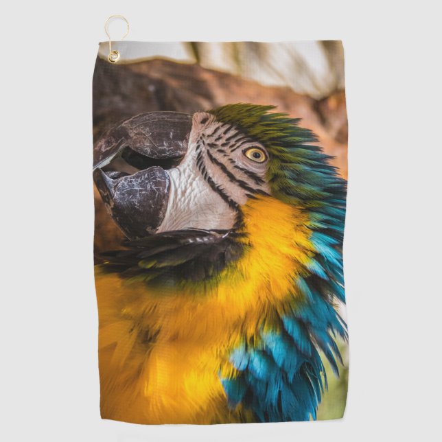 Blaues und gelbes Makaportrait Golfhandtuch (Vorderseite)