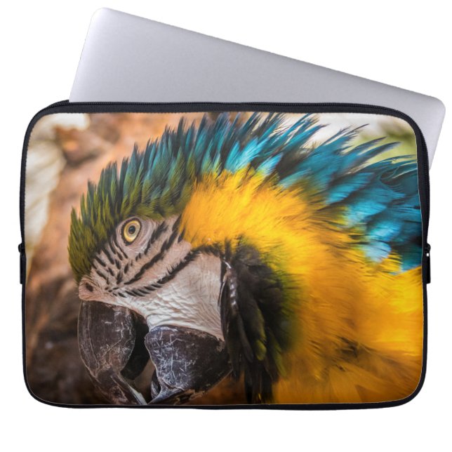 Blaues und gelbes Makaportrait Laptopschutzhülle (Vorderseite)