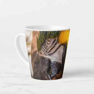 Blaues und gelbes Makaportrait Milchtasse